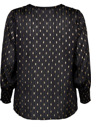 Printet bluse med smock og v-hals, Black w. Gold, Packshot image number 1