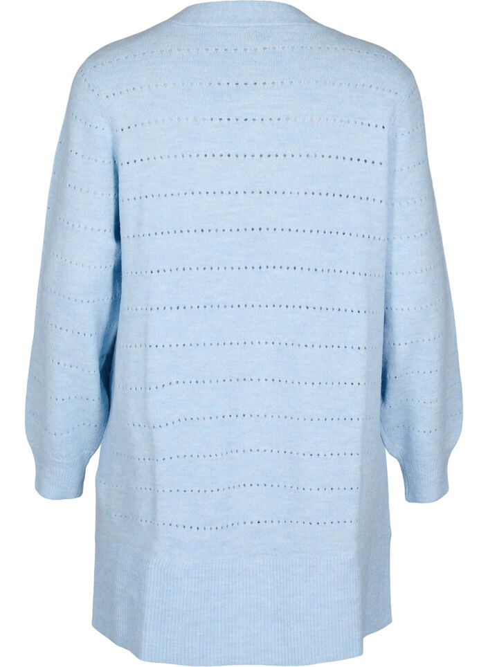 Lang strikcardigan med hulmønster, Cashmere Blue Mel., Packshot image number 1