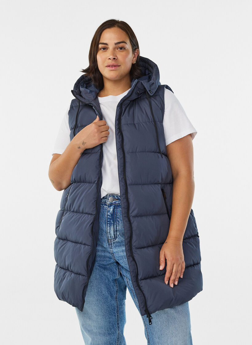 Lang vest med h&aelig;tte og lommer, Bl&aring;, Model image number 0