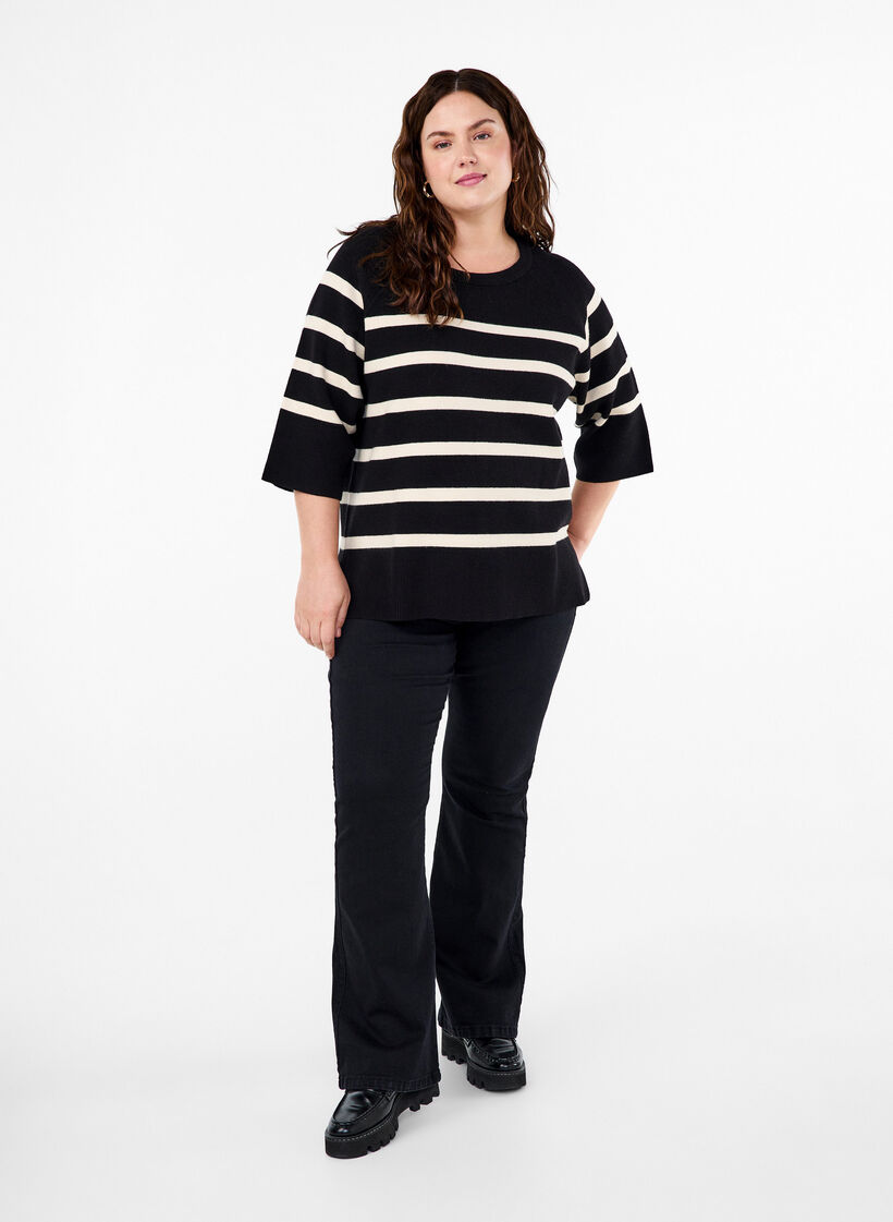 3/4 ærmet strikbluse med striber, Black Birch Stripes, Model image number 2