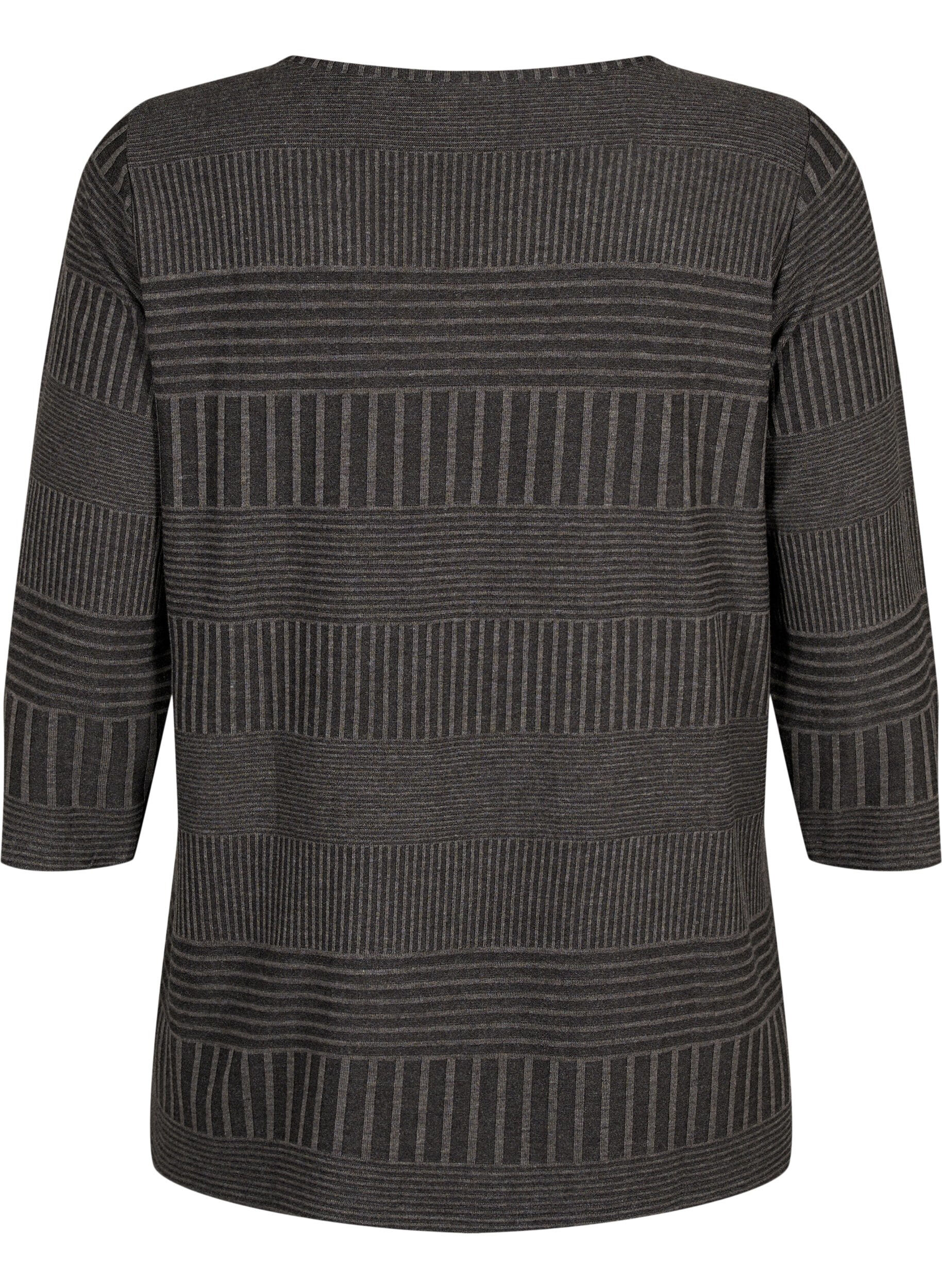 Zizzi Bluse med 3/4 &aelig;rmer og stribet m&oslash;nster, Dark Grey Melange, Packshot image number 1
