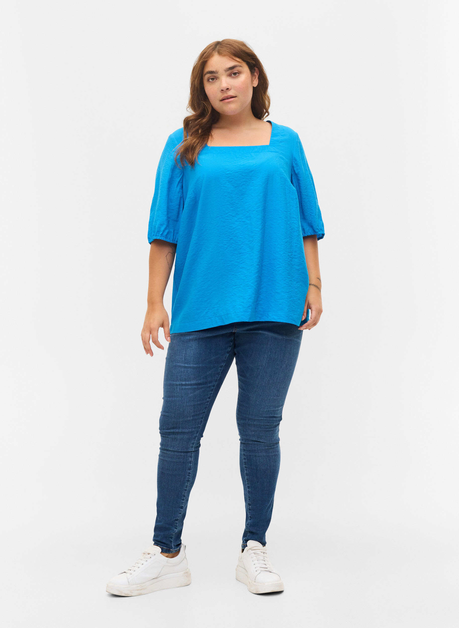 Zizzi Bluse med ballon&aelig;rmer, Indigo Bunting, Model image number 2