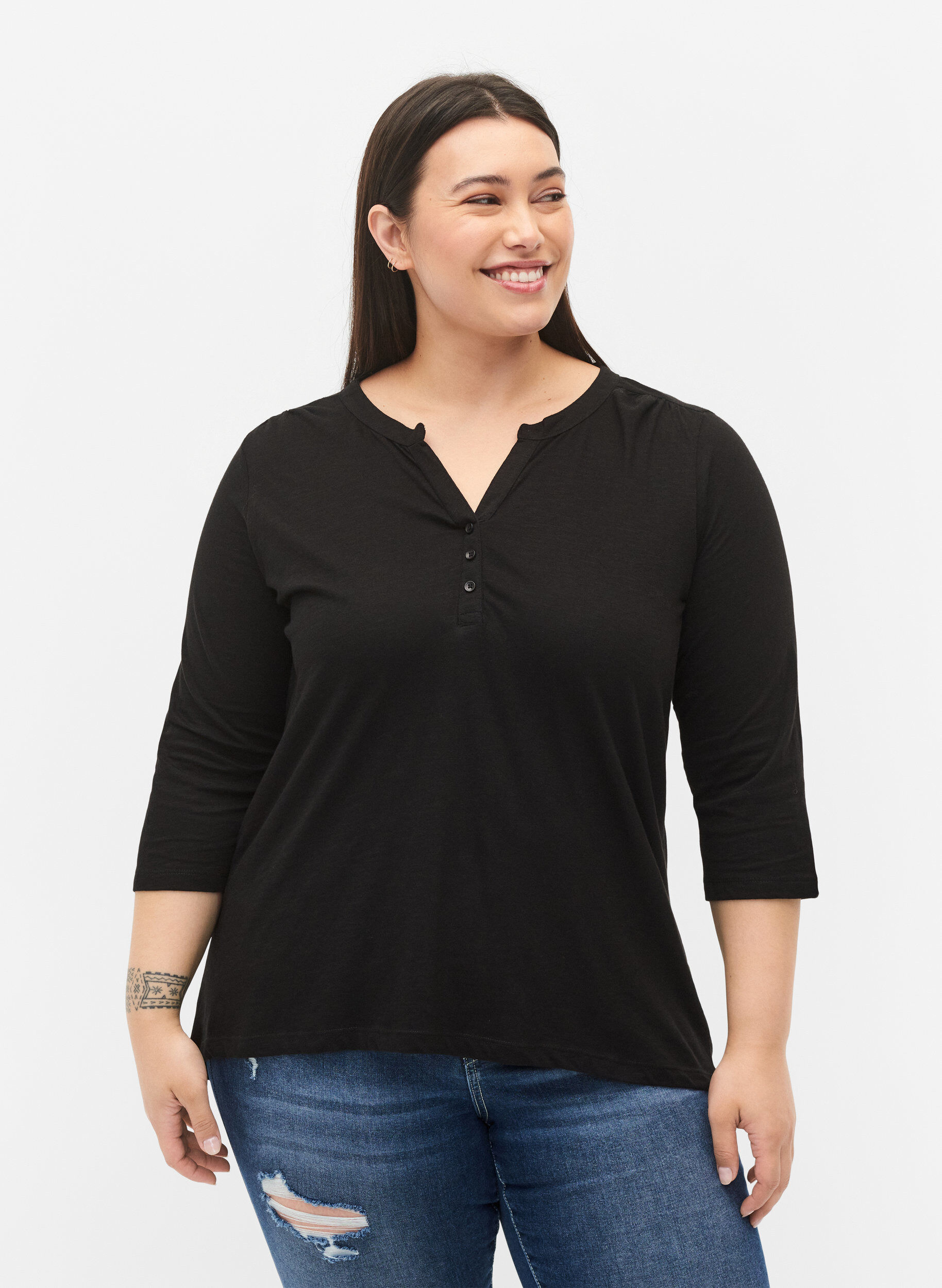 Zizzi Bomuldsbluse med 3/4 &aelig;rmer, Black, Model image number 0