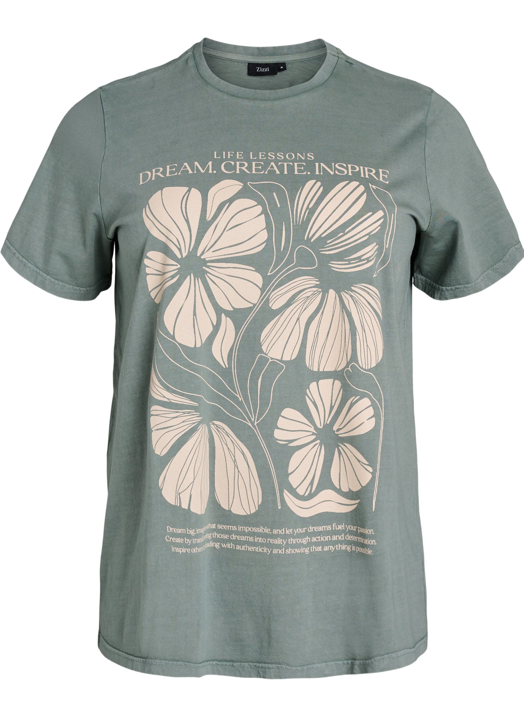 Zizzi T-shirt i &oslash;kologisk bomuld med tekst- og blomsterprint, Gr&oslash;n, Packshot image number 0