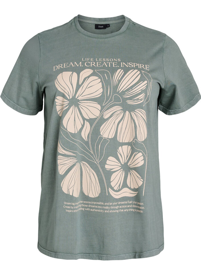 T-shirt i økologisk bomuld med tekst- og blomsterprint, Grøn, Packshot image number 0