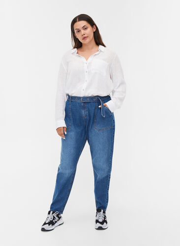 Højtaljede jeans med bælte, Blue denim, Model image number 0