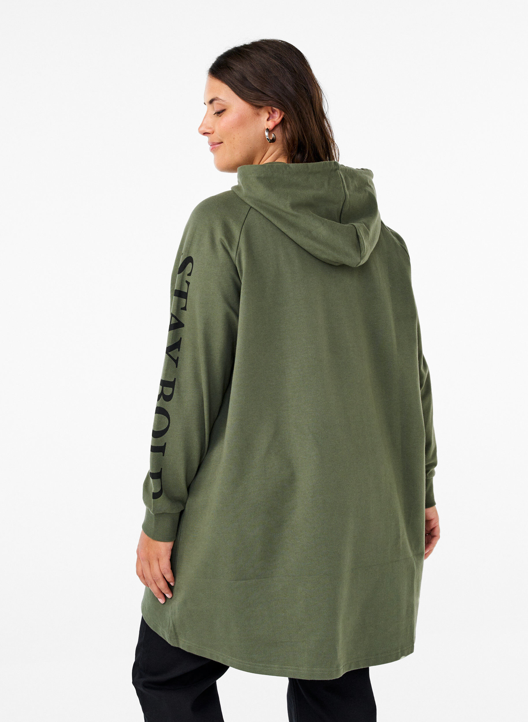 Zizzi Oversize sweat med print p&aring; &aelig;rmerne, Thyme w. Black, Model image number 1