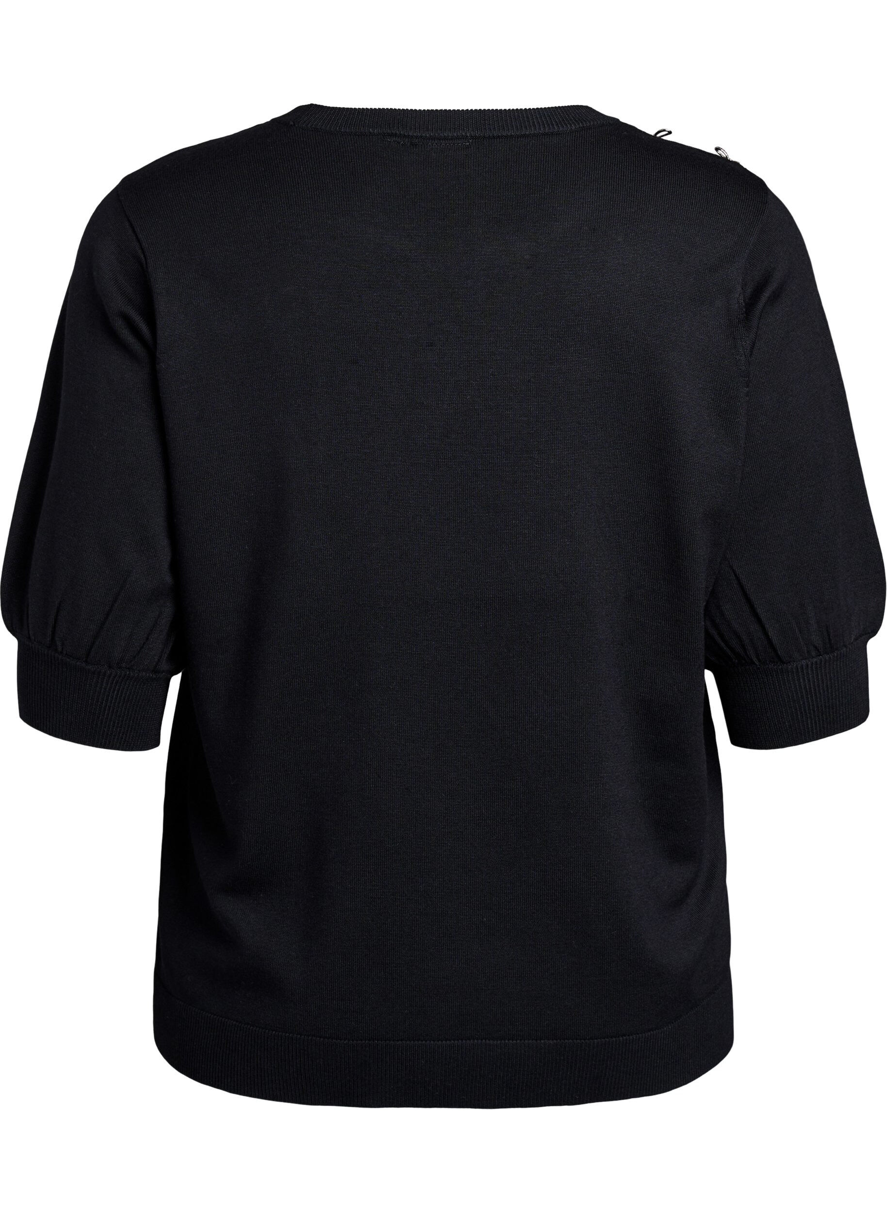 Zizzi Strikbluse med korte &aelig;rmer og sm&aring; sl&oslash;jfer, Sort, Packshot image number 1