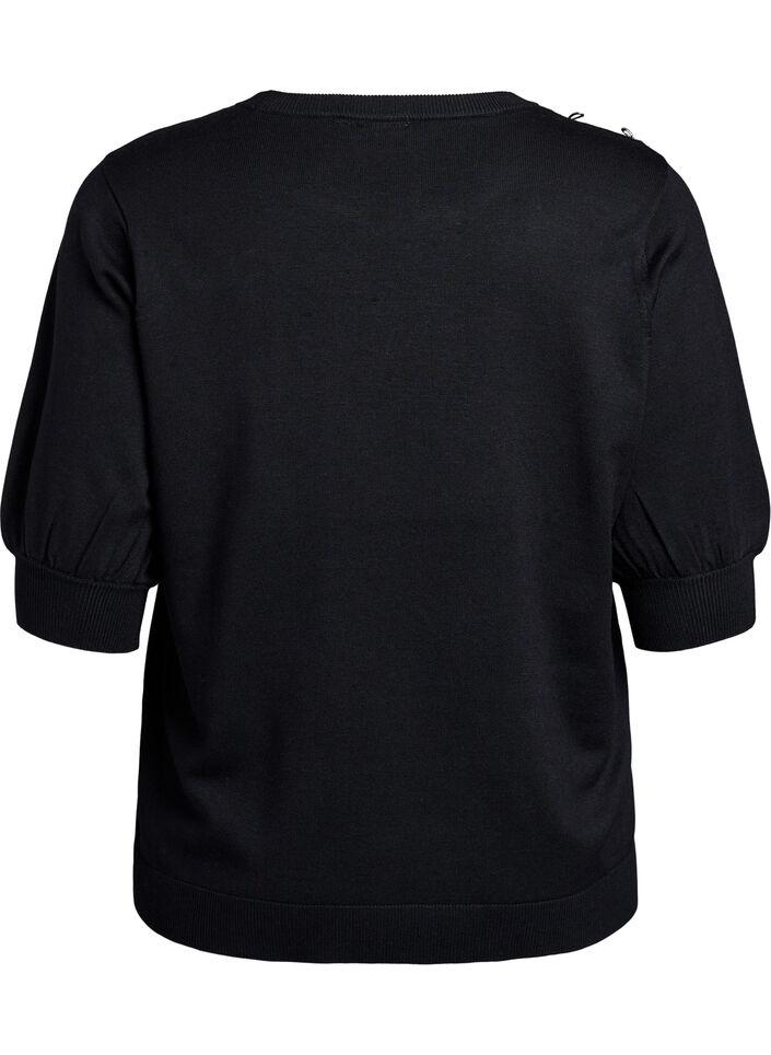 Strikbluse med korte ærmer og små sløjfer, Sort, Packshot image number 1