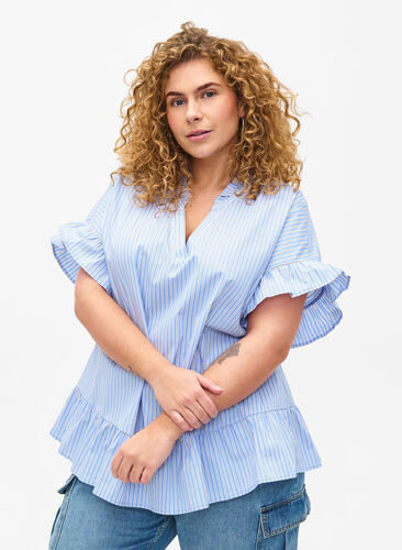 Stribet bluse med peplum og flæsedetaljer, Blue Stripe, Model image number 0