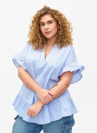 Stribet bluse med peplum og flæsedetaljer, Blue Stripe, Model