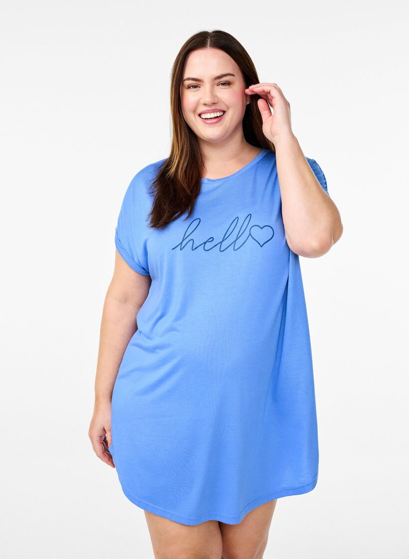 Kort&aelig;rmet natkjole med tekstprint, , Model image number 0