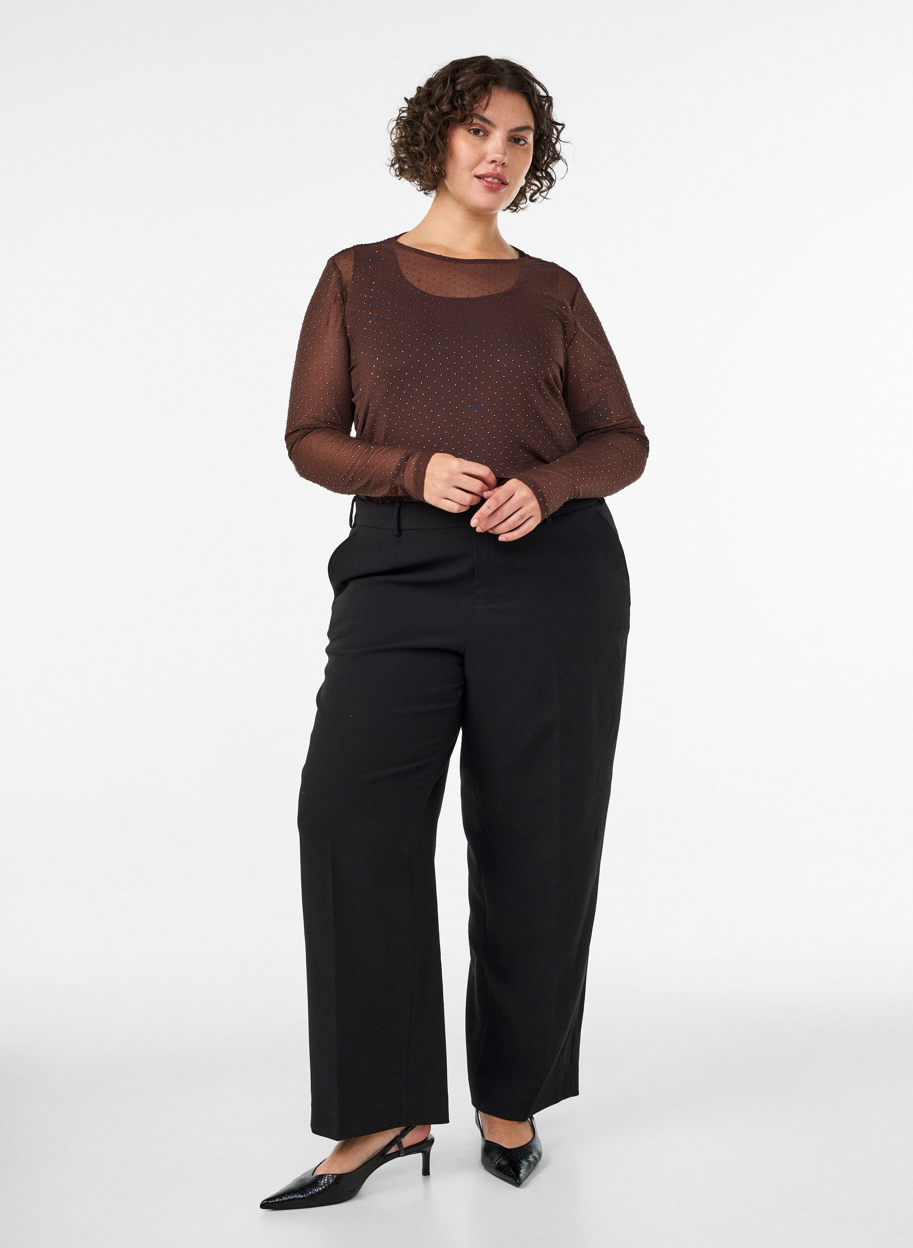ZizziTransparent meshbluse med rhinsten, Brun, Model image number 1