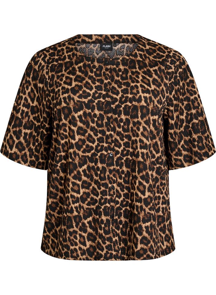 Kort&aelig;rmet bluse med struktur og knaplukning, Sort, Packshot image number 0