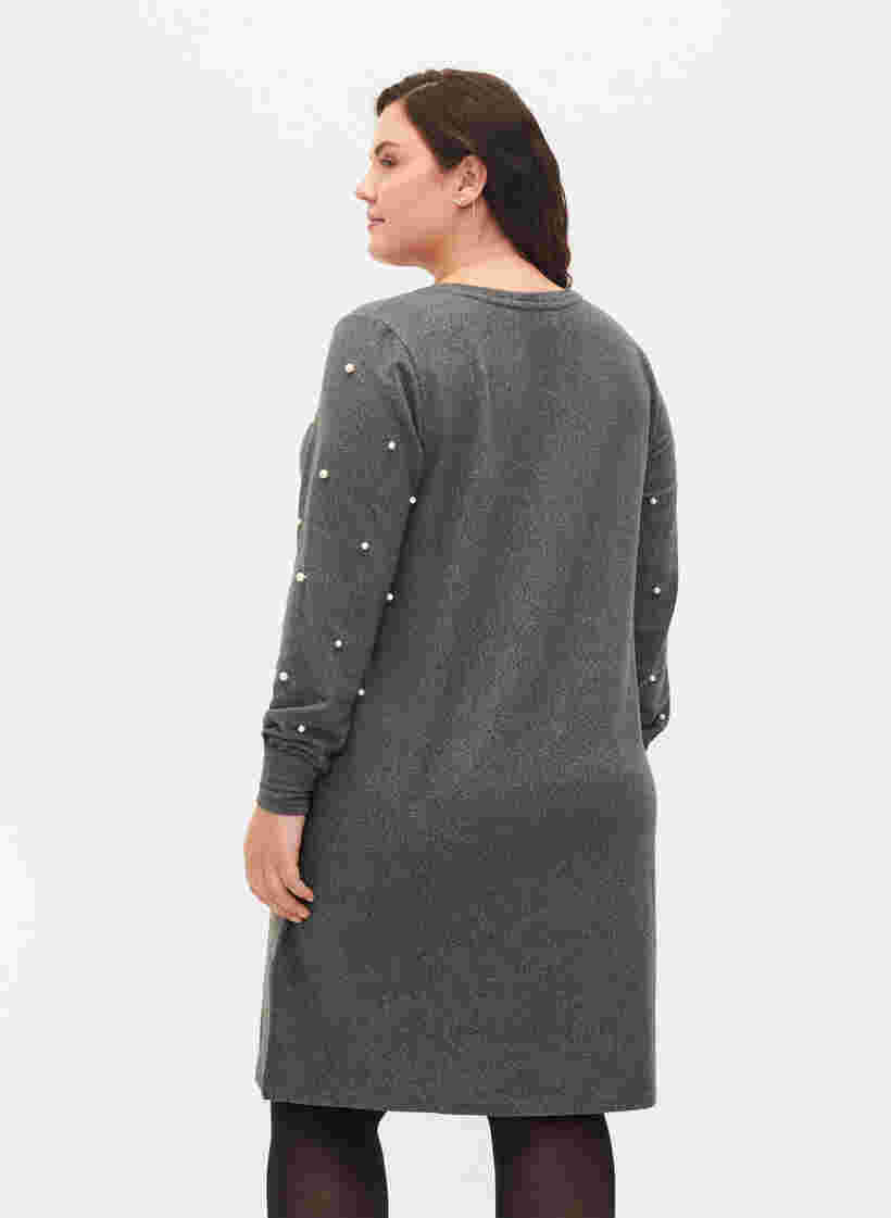Langærmet kjole med perledetaljer, Dark Grey Melange, Model image number 1