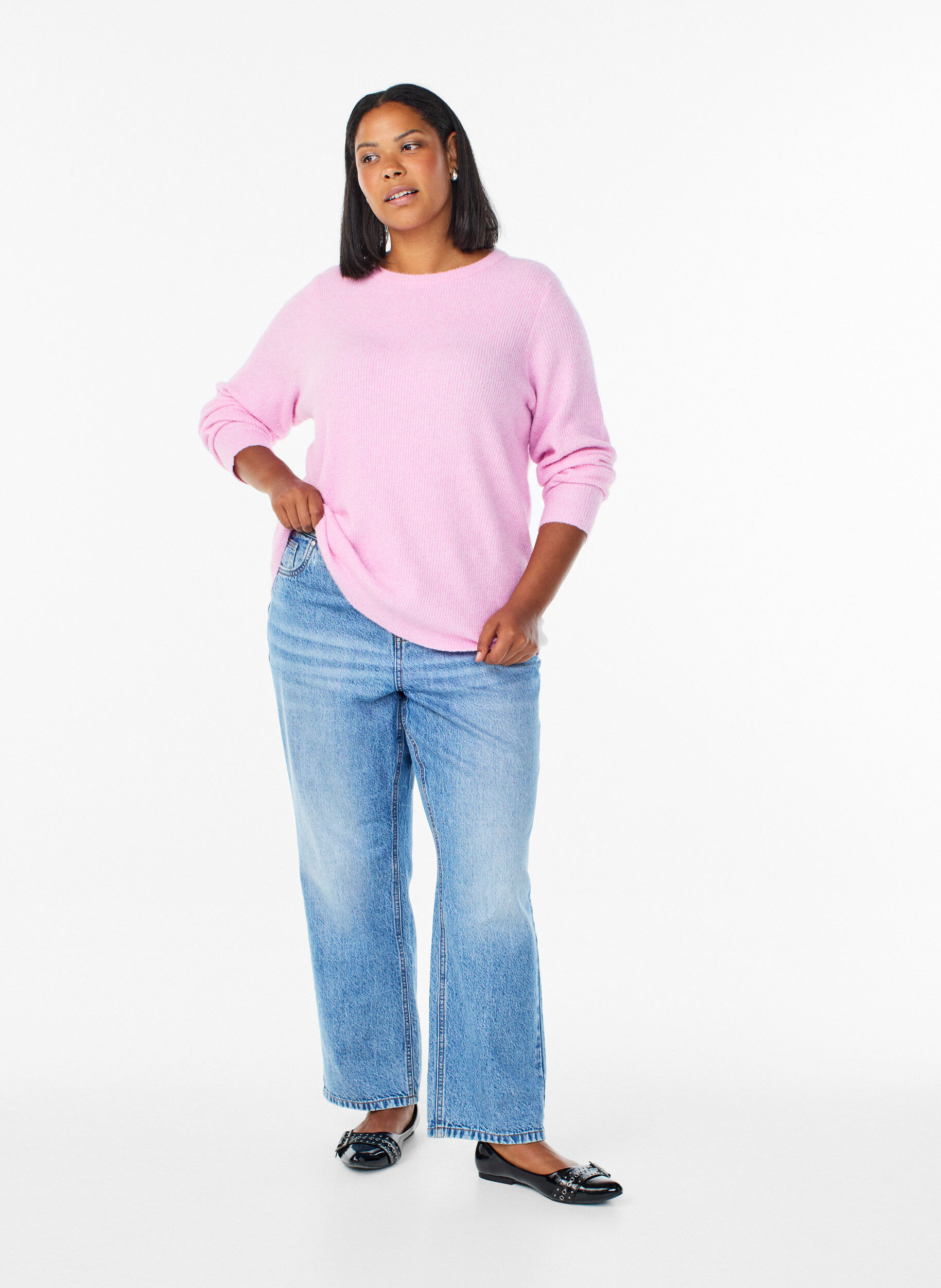 ZizziMeleret strikbluse med rund hals, Lyser&oslash;d, Model image number 1
