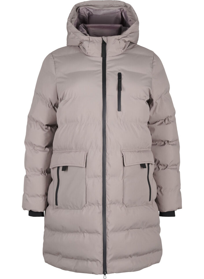 Pufferfrakke med hætte og lommer, Beige, Packshot image number 0