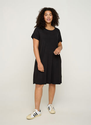 Ensfarvet kjole med korte ærmer, Black, Model image number 2