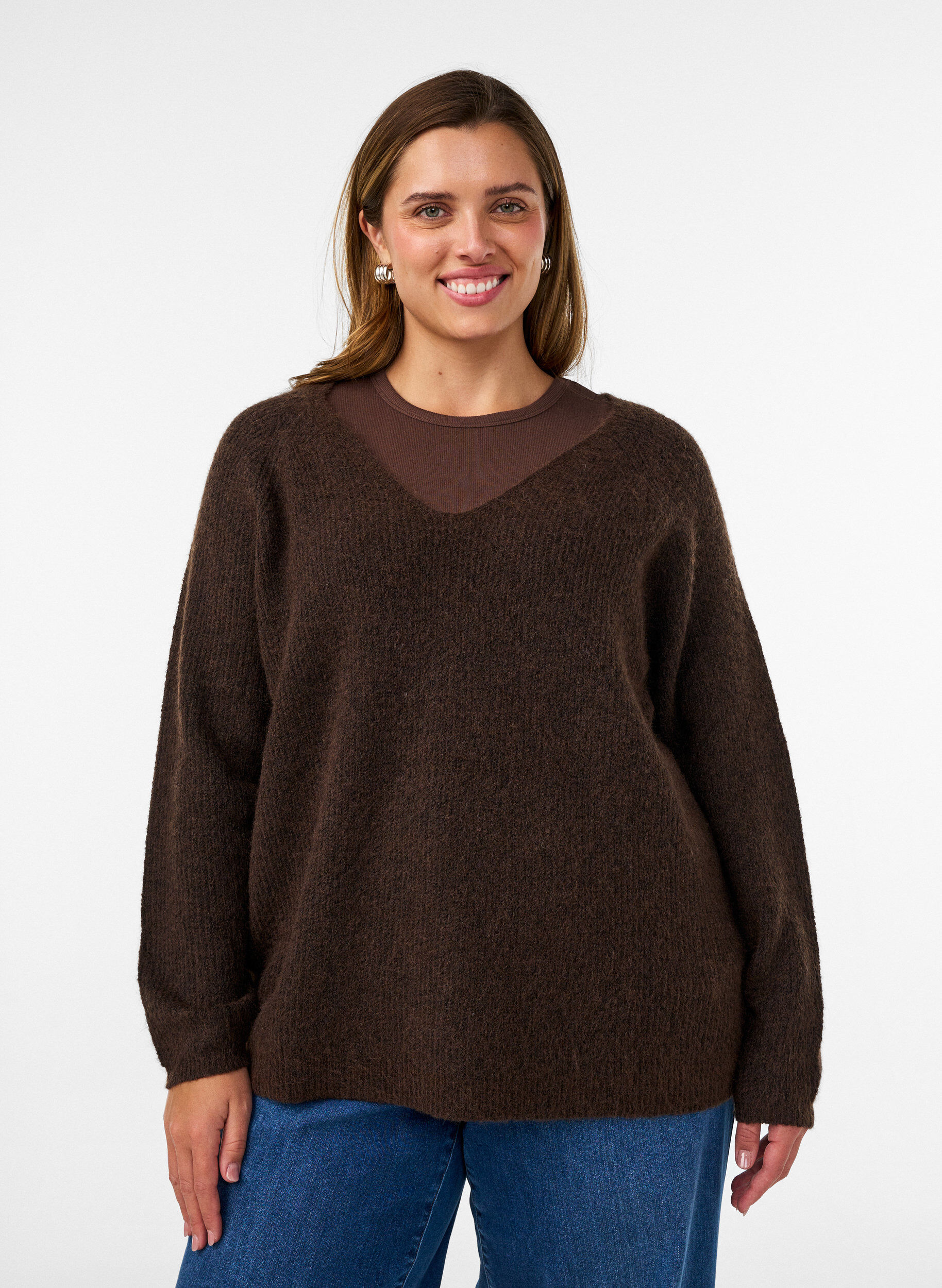 ZizziStrikbluse med V-hals og raglan&aelig;rmer, Brun, Model image number 0