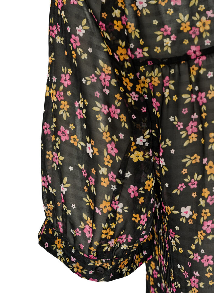 Bluse med blomsterprint og V-udsk&aelig;ring, Sort, Packshot image number 3