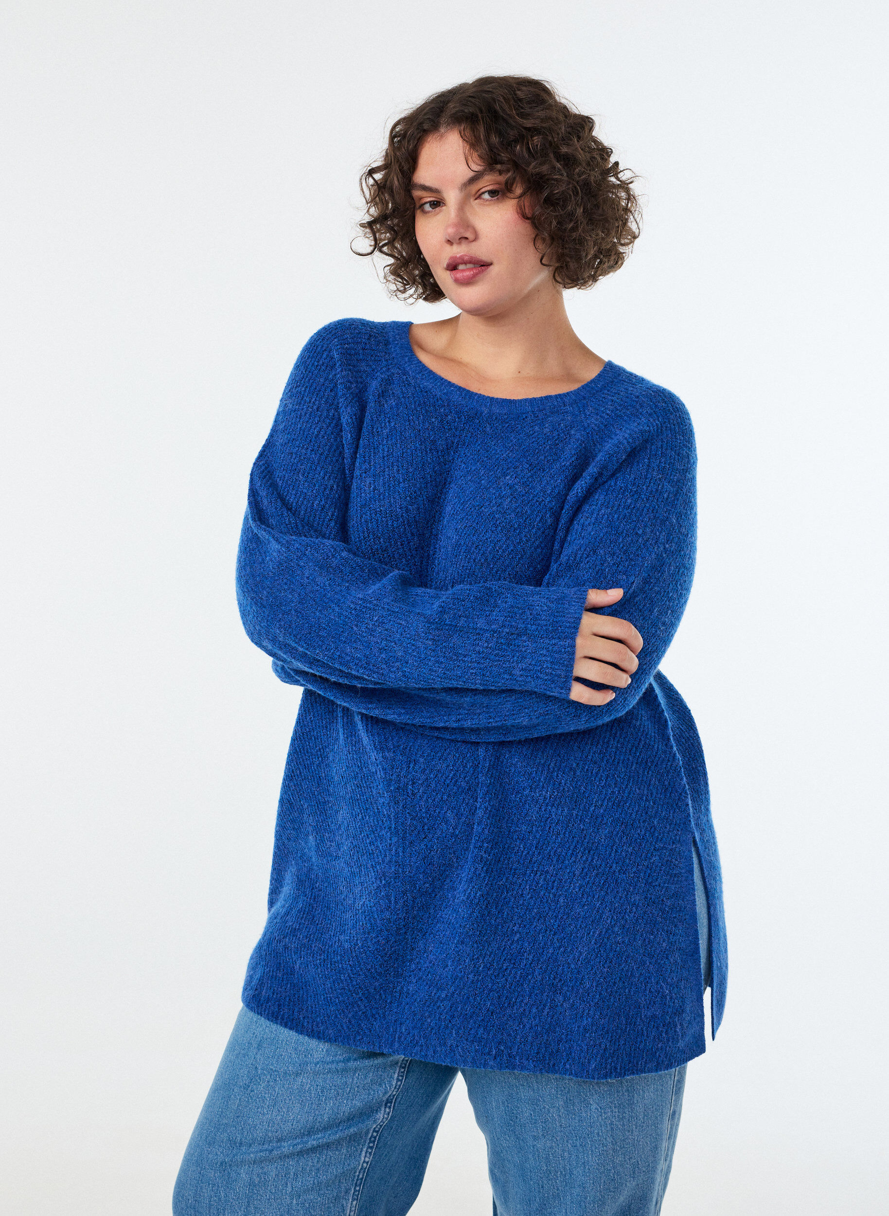ZizziStrikbluse med diagonalt m&oslash;nster og raglan&aelig;rmer, Bl&aring;, Model image number 0