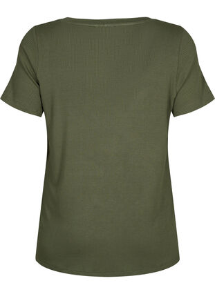 Viskose t-shirt med ribstruktur og v-hals, Thyme, Packshot image number 1
