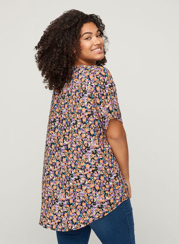 Printet bluse med korte ærmer, Black Flower AOP, Model image number 1