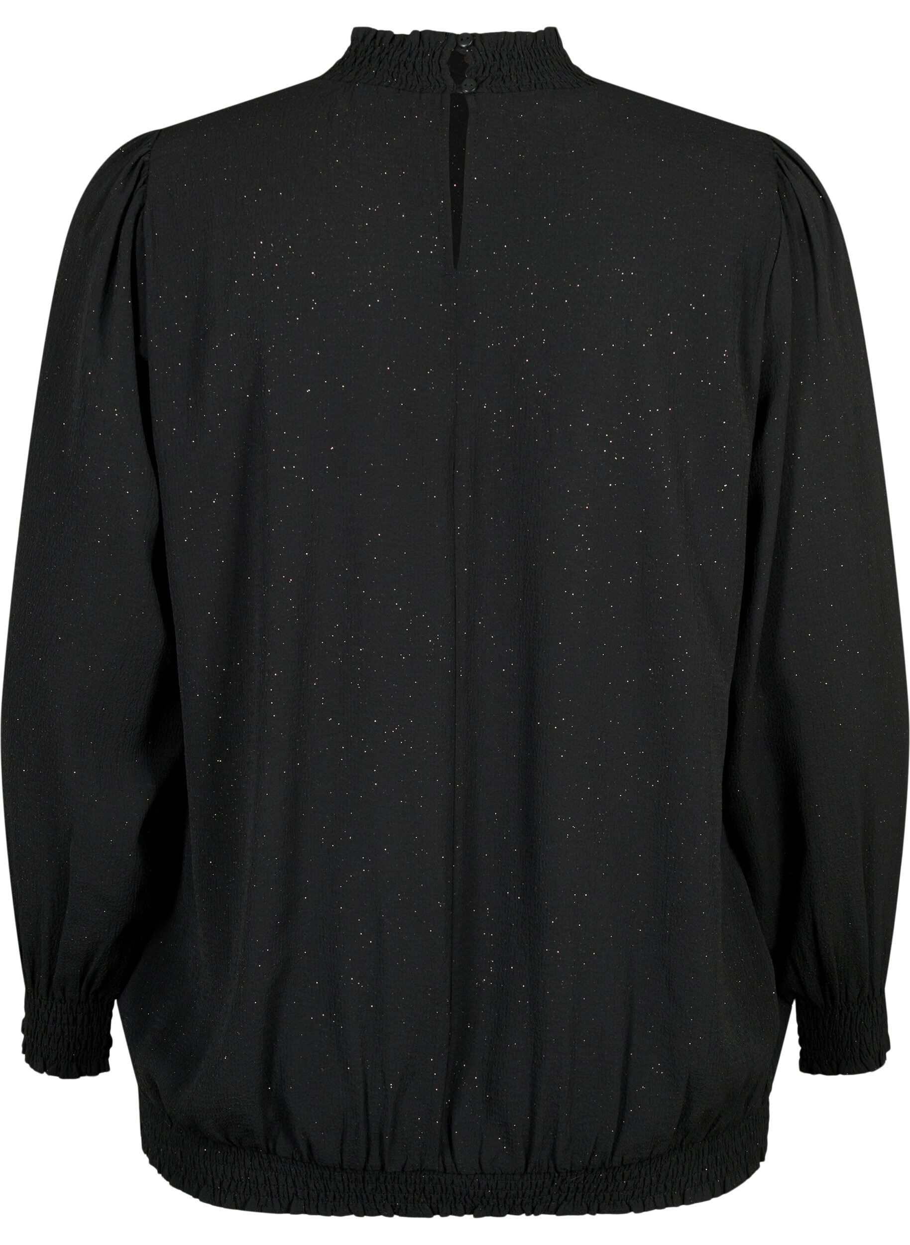 Zizzi FLASH - Lang&aelig;rmet bluse med smock og glitter, Black w. Silver, Packshot image number 1