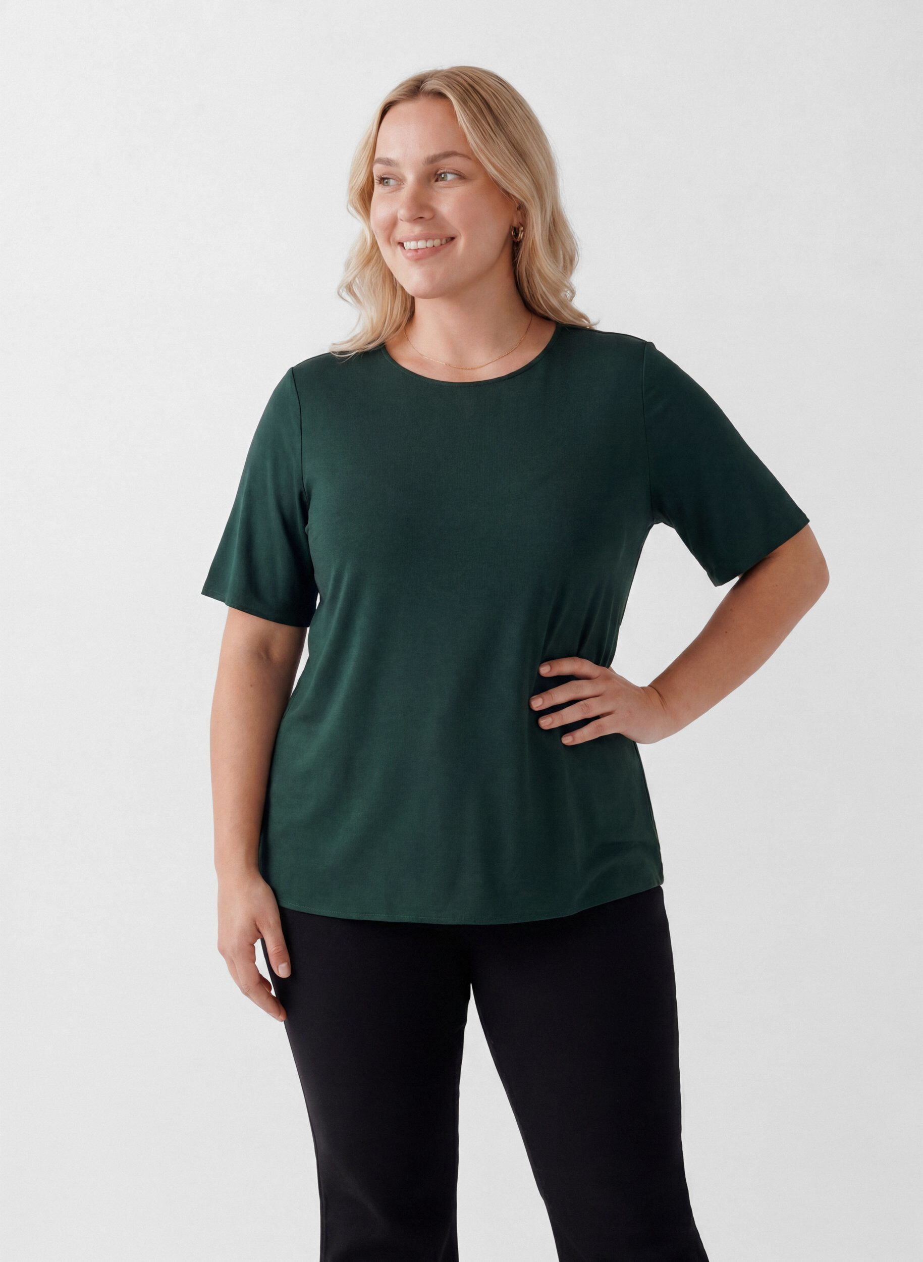 ZizziKort&aelig;rmet v&aelig;vet bluse med rund hals, Gr&oslash;n, Model image number 0