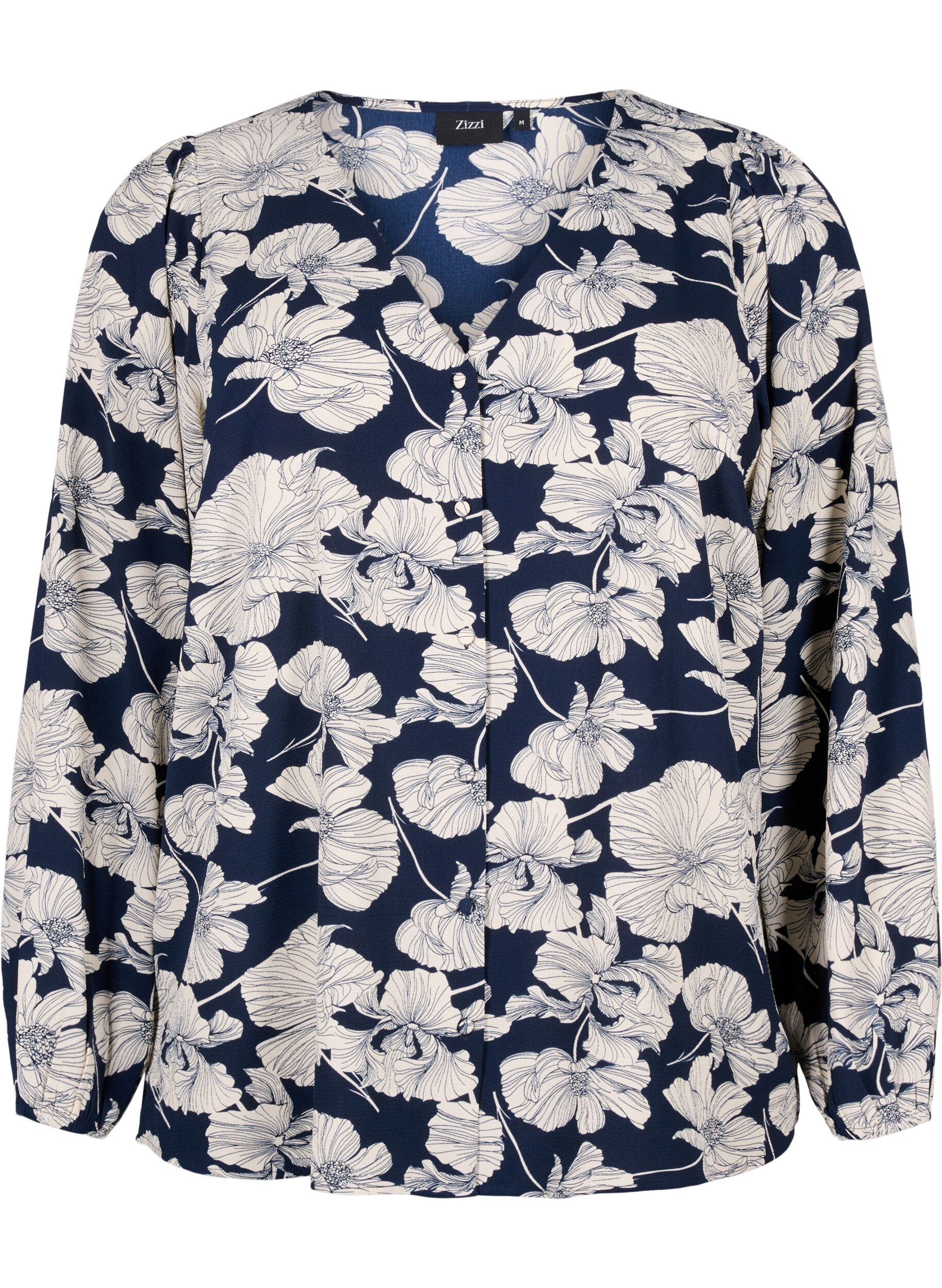 Zizzi Skjortebluse med v-hals og print, Navy B. Flower AOP, Packshot image number 0