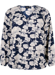 Skjortebluse med v-hals og print, Navy B. Flower AOP