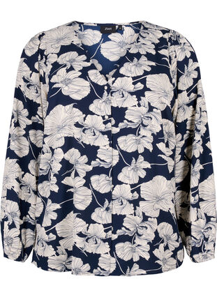 Skjortebluse med v-hals og print, Navy B. Flower AOP, Packshot image number 0