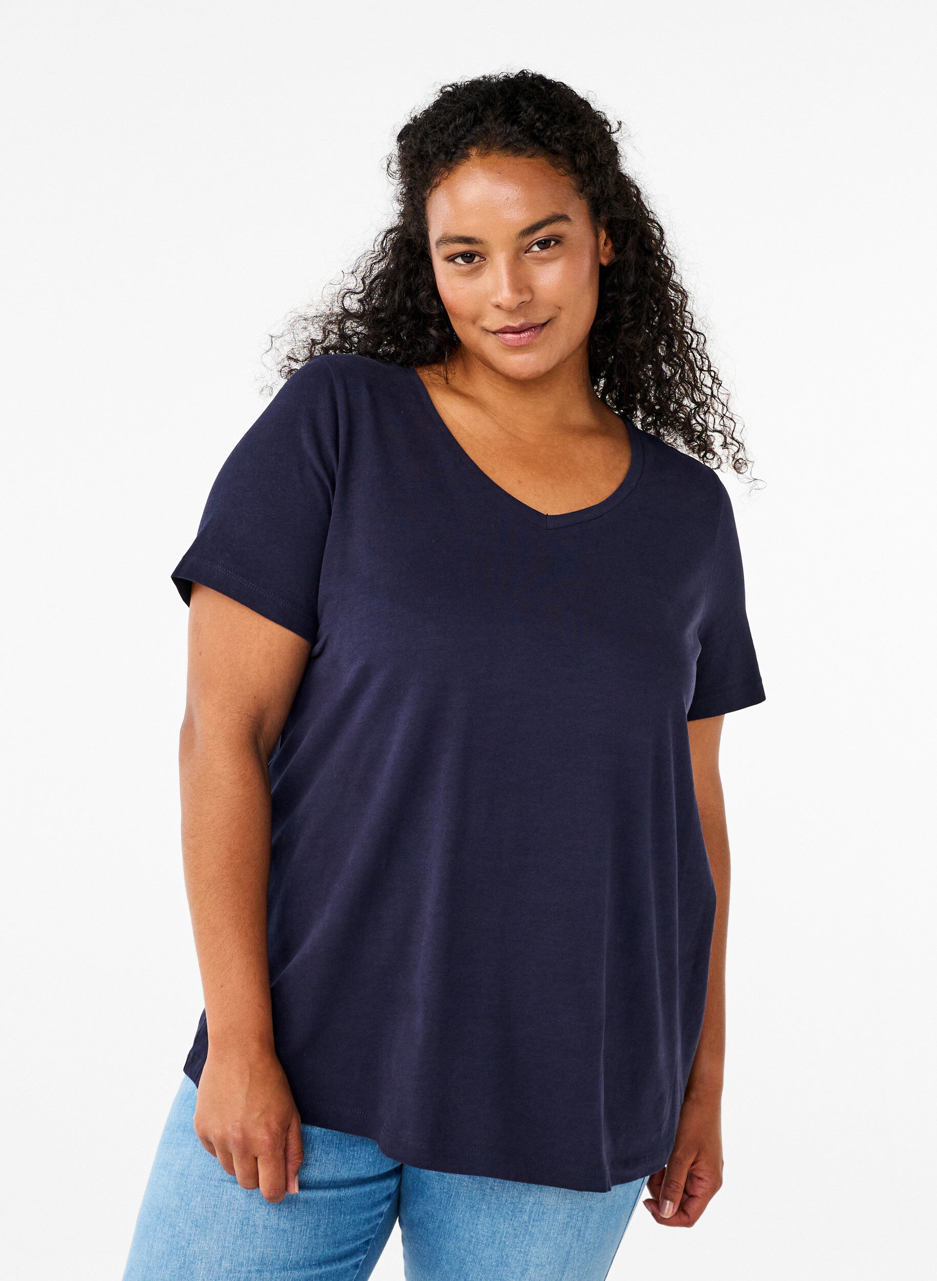 Ensfarvet basis t-shirt i bomuld, Bl&aring;, Model