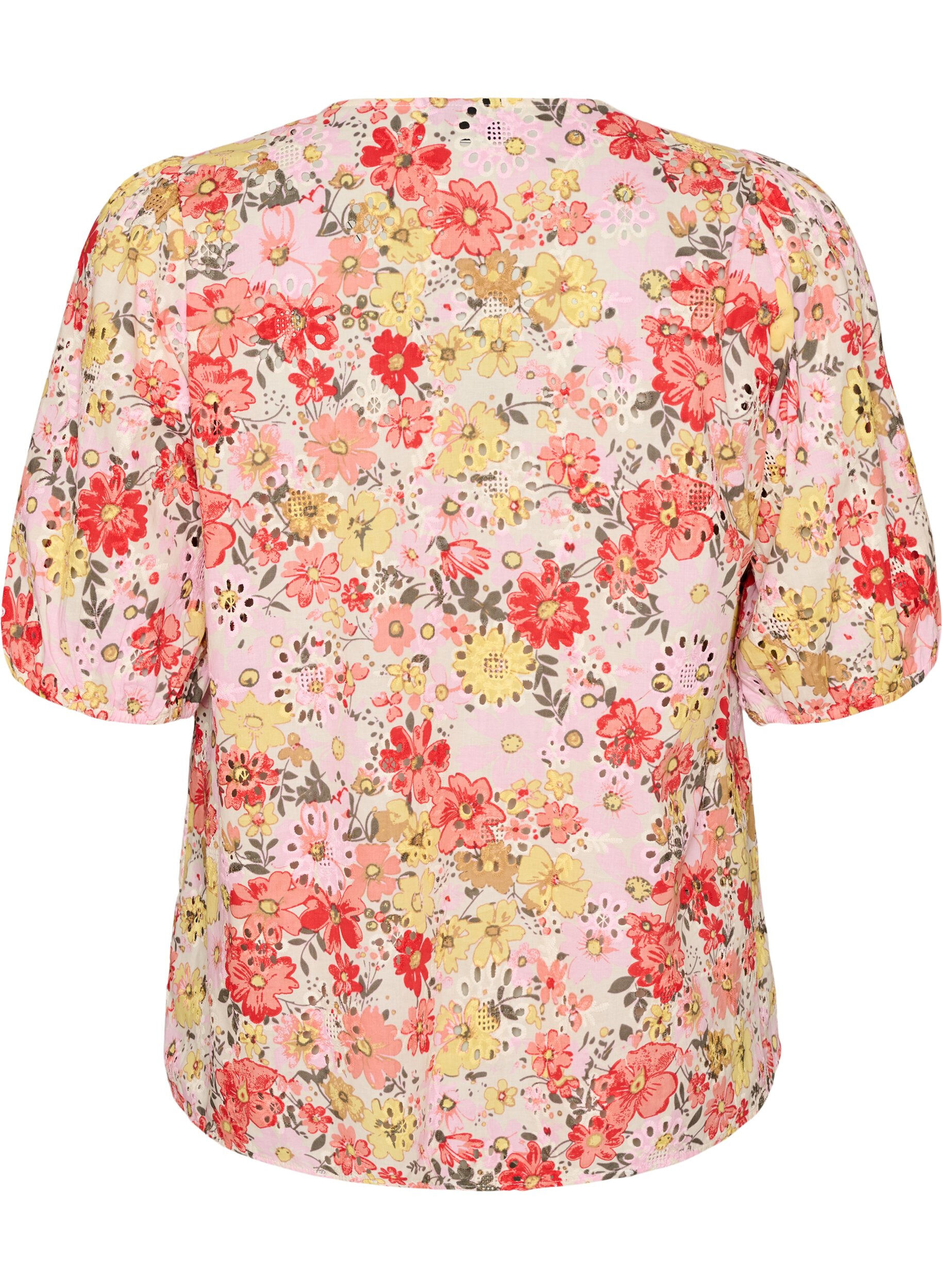 ZizziBlomstret bluse med hulm&oslash;nster og V-udsk&aelig;ring, Lyser&oslash;d, Packshot image number 1