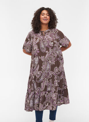 Kortærmet viskose kjole med print, Bracken Paisley, Model image number 0
