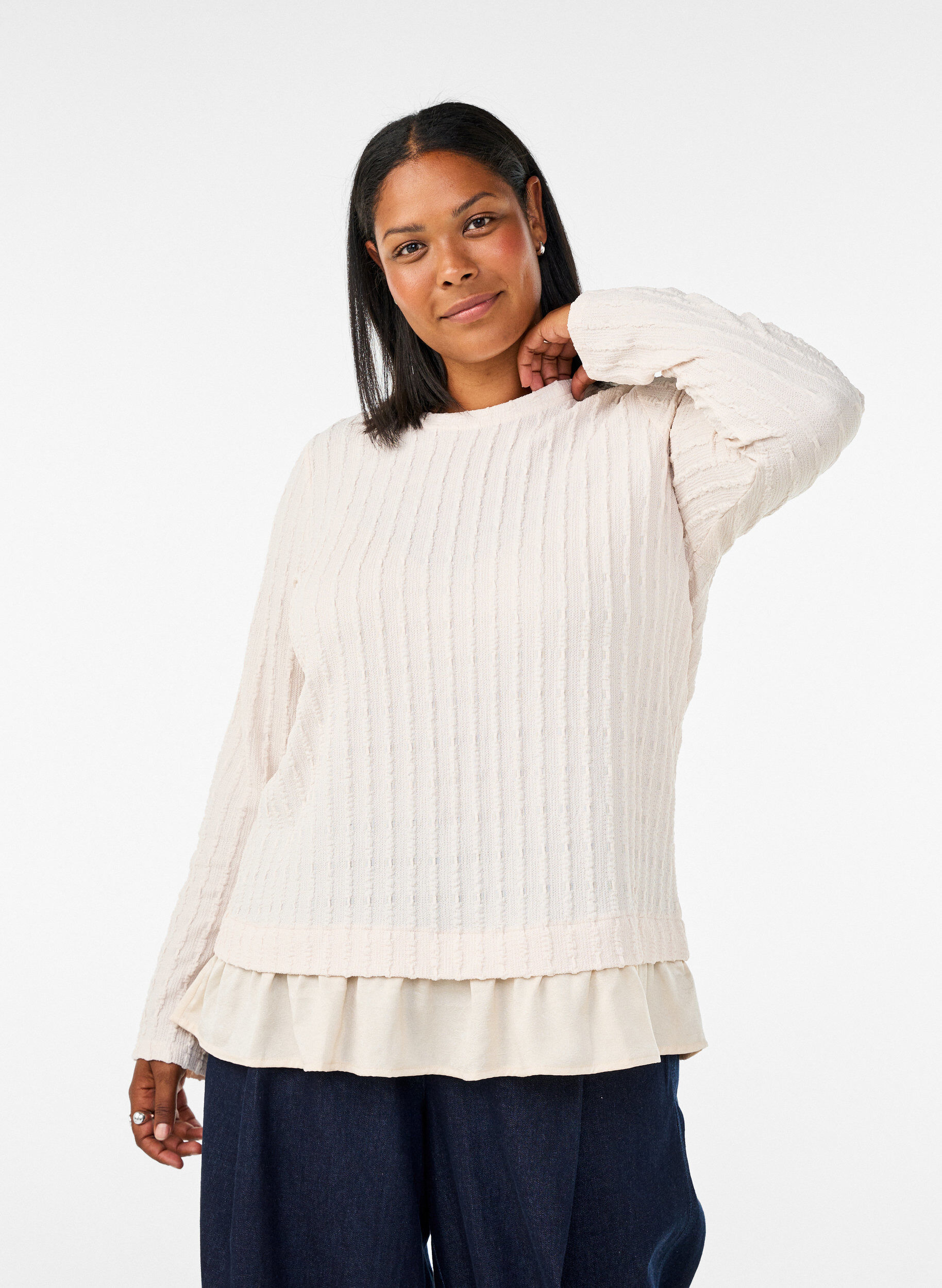 ZizziStruktureret bluse med fl&aelig;sekant, Vanilla, Model image number 0