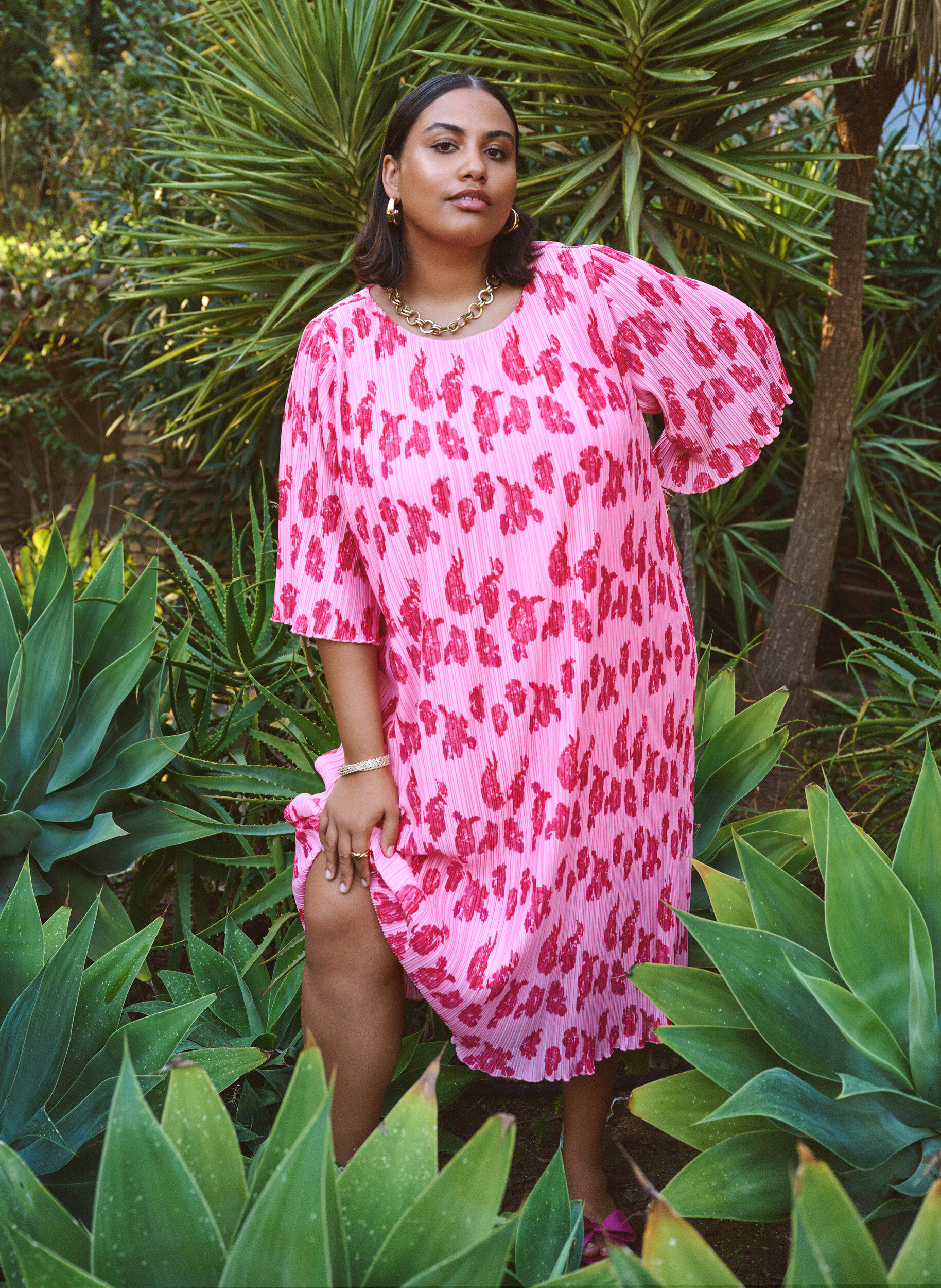 Zizzi Plisseret kjole med 3/4 &aelig;rmer, Lyser&oslash;d, Image image number 0