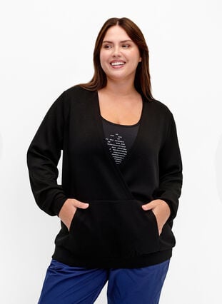 Sweatshirt med v-hals og lomme, Black, Model image number 0