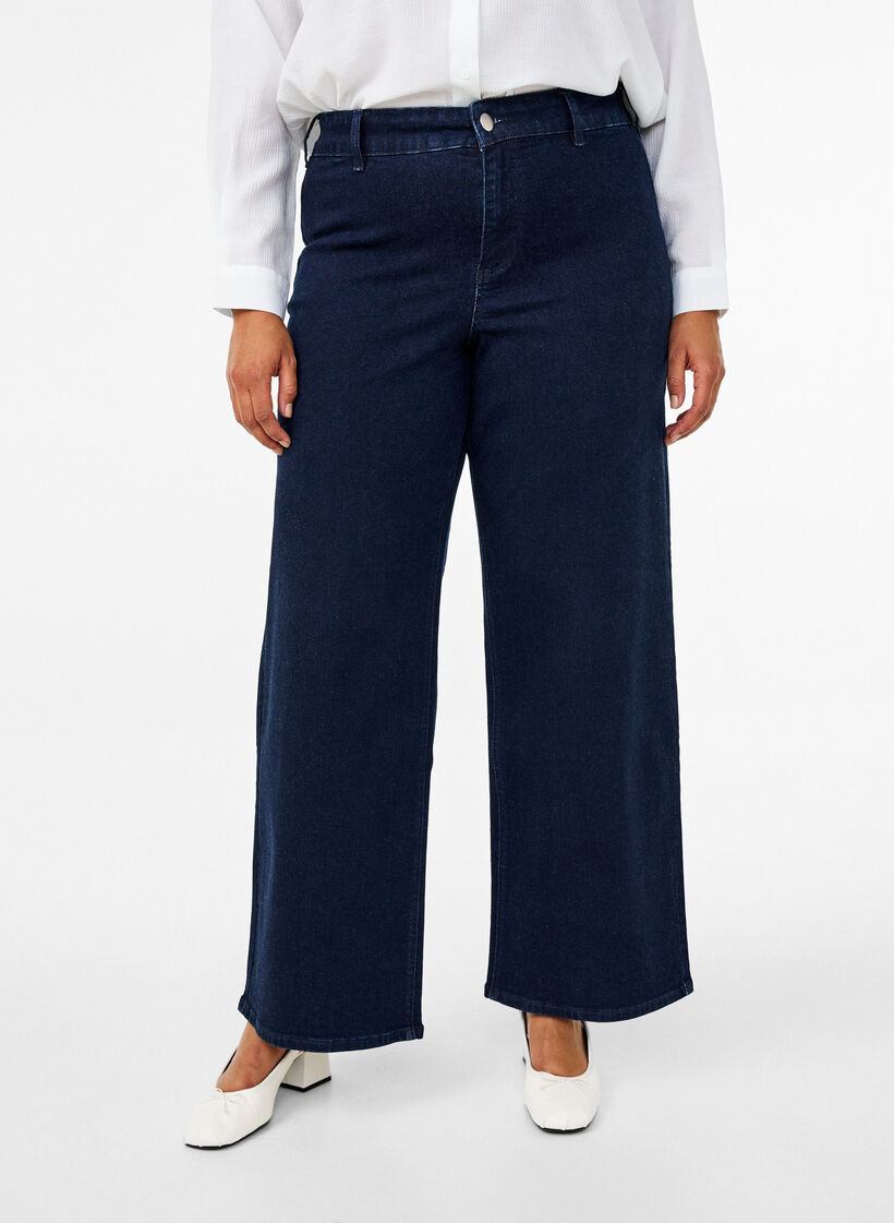 H&oslash;jtaljede jeans med vide ben, Bl&aring;, Model image number 2