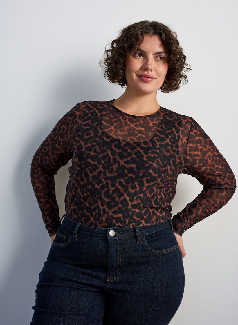 Meshbluse med print, Brun, Model image number 0