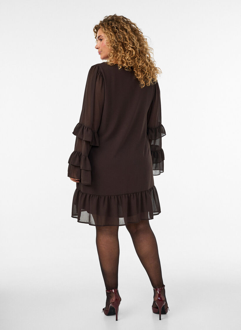 Kort kjole med transparente fl&aelig;se&aelig;rmer, Brun, Model image number 2