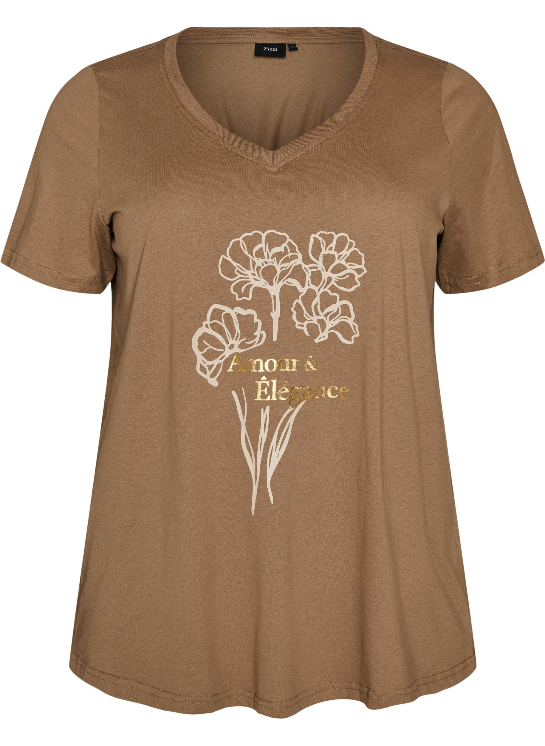 T-shirt i bomuld med frontprint og V-hals