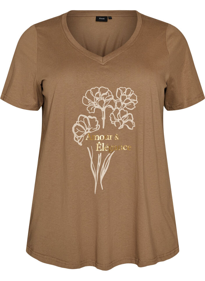 T-shirt i bomuld med frontprint og V-hals, Brun, Packshot image number 0