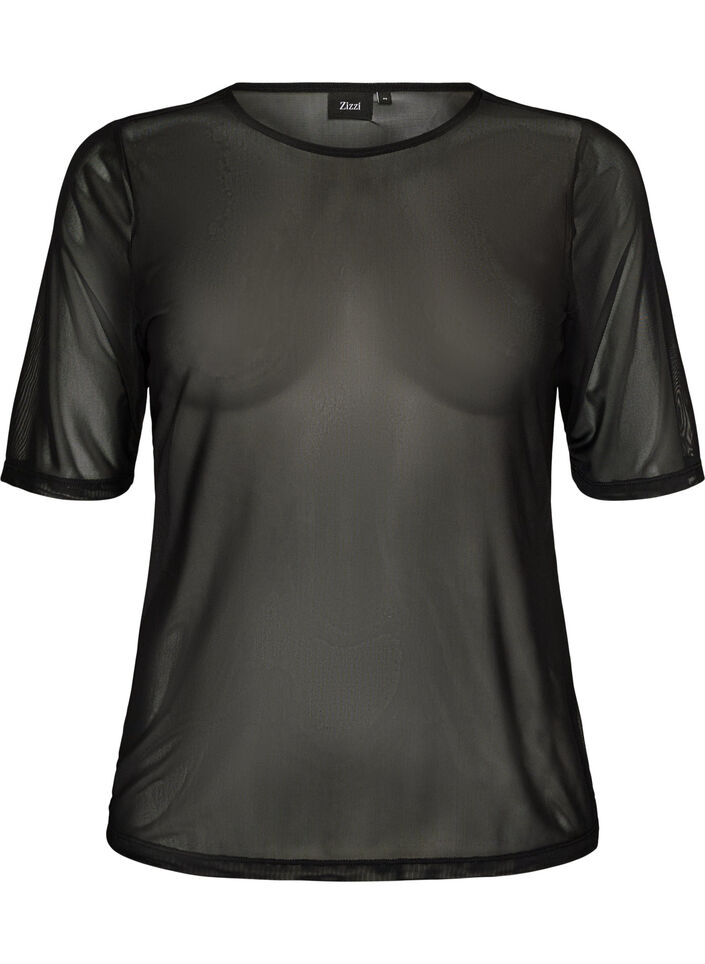 Meshbluse med korte &aelig;rmer og rund hals, Sort, Packshot image number 0
