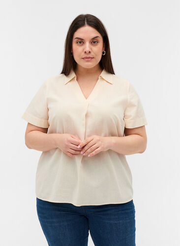 Kortærmet bluse med krave i økologisk bomuld, Mother Of Pearl, Model image number 0