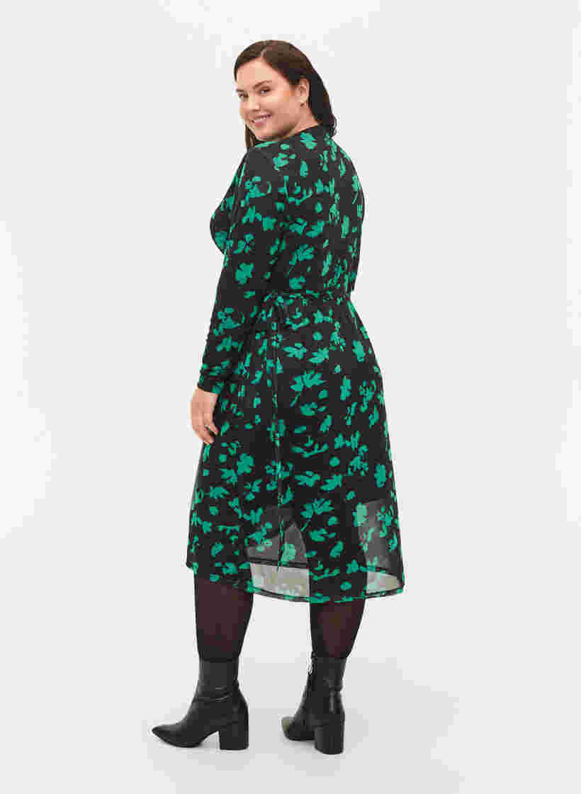 Printet wrapkjole i mesh, Black Green , Model image number 1