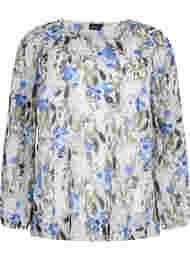 Printet bluse med lange ærmer, Blue Flower AOP