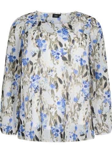 Printet bluse med lange ærmer, Blue Flower AOP, Packshot image number 0