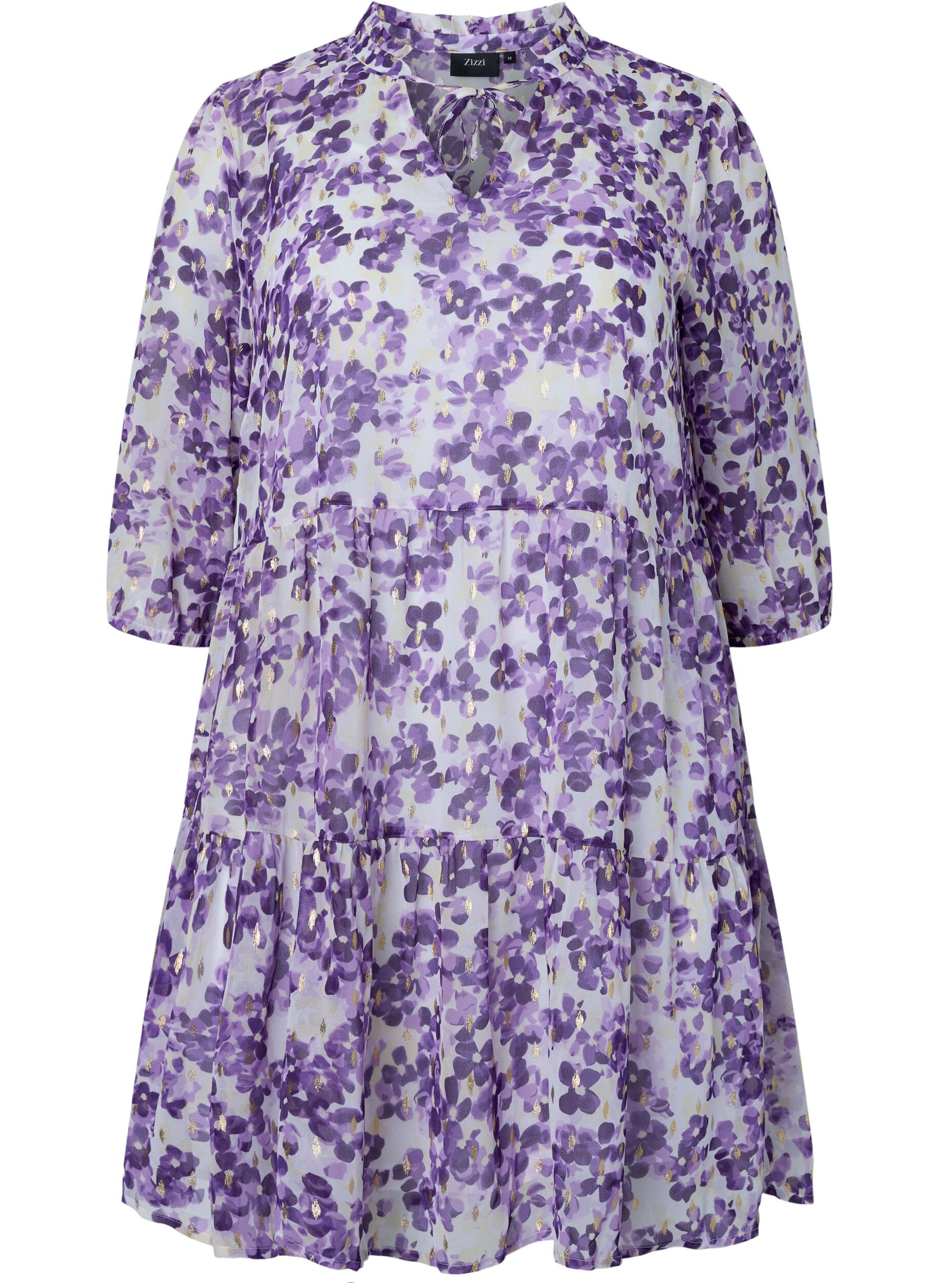 Zizzi Tunika med blomsterprint og lurex, Beige/Purple Flower, Packshot image number 0