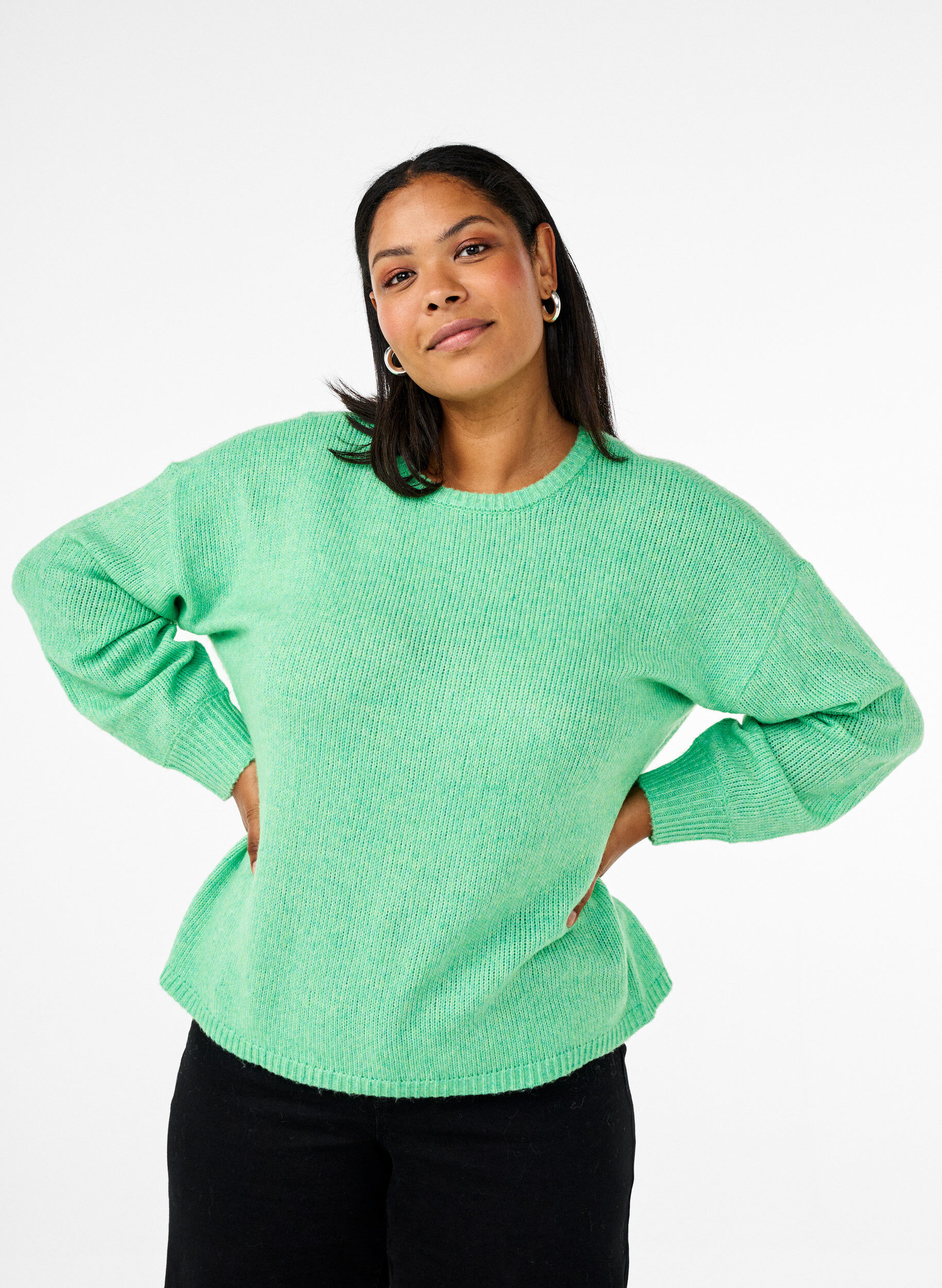 Zizzi Lang&aelig;rmet strikbluse med uld og rund hals, Light G. Green Mel., Model image number 0